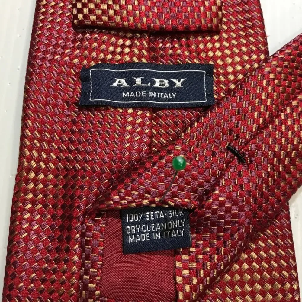ALBY Made in Italy Silk Red Gold Polka Dot Wide Long Mens Necktie 59”